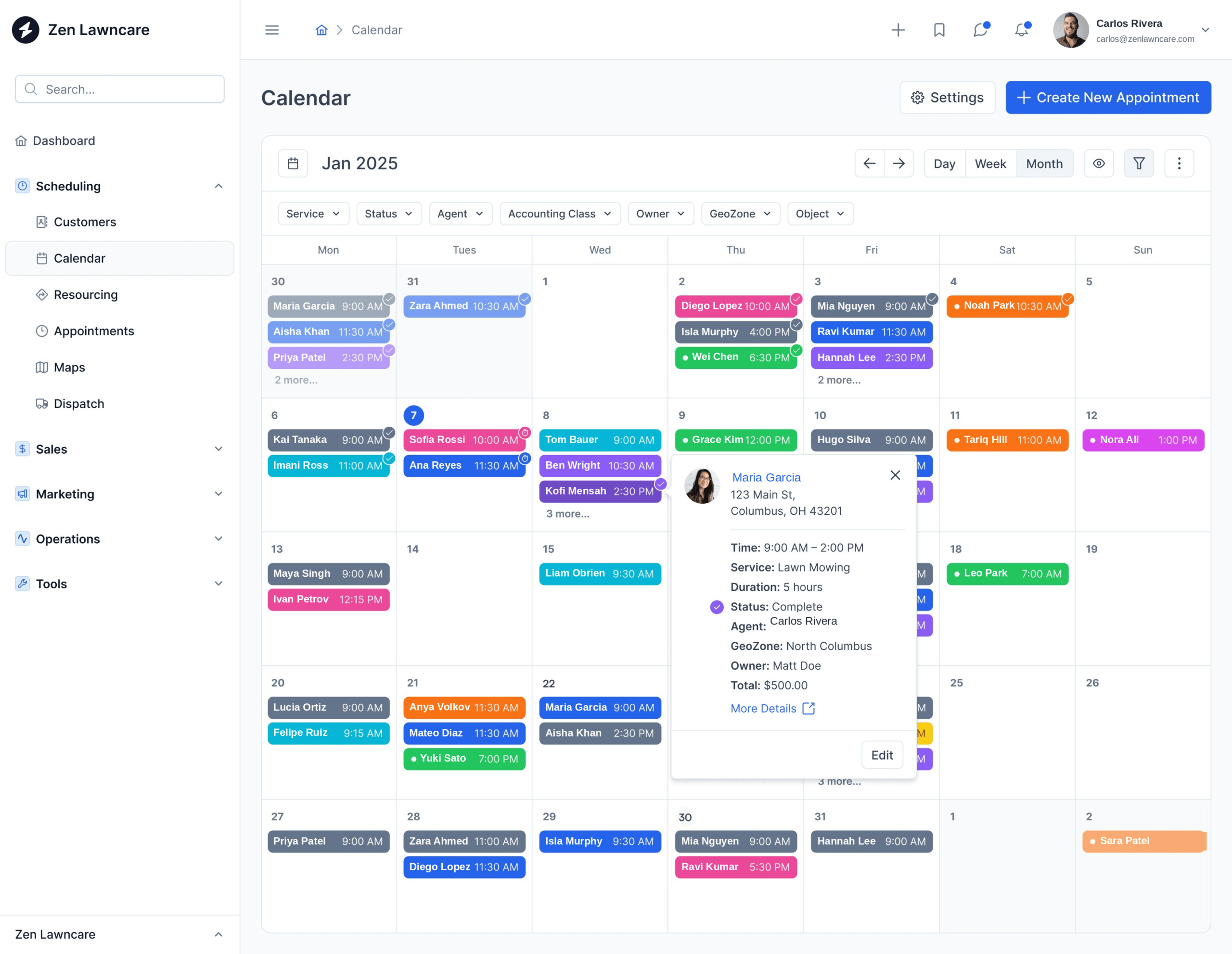 ServiceMinder franchise dashboard — Total Customers 1,234 · Appointments 89 · Revenue $45,678